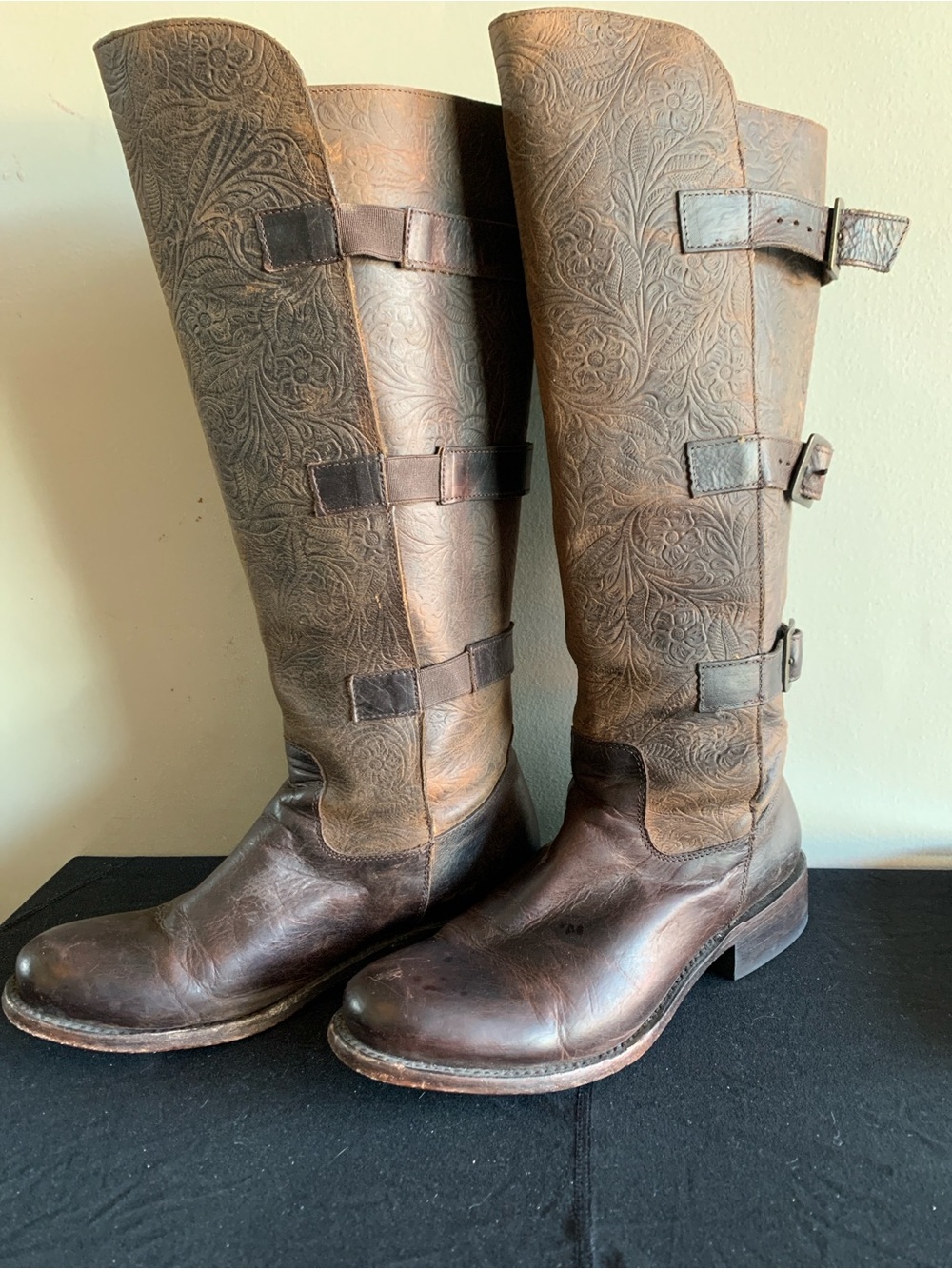 J.B. Dillon Embossed Brown Leather Riding Boots with Buckle Straps